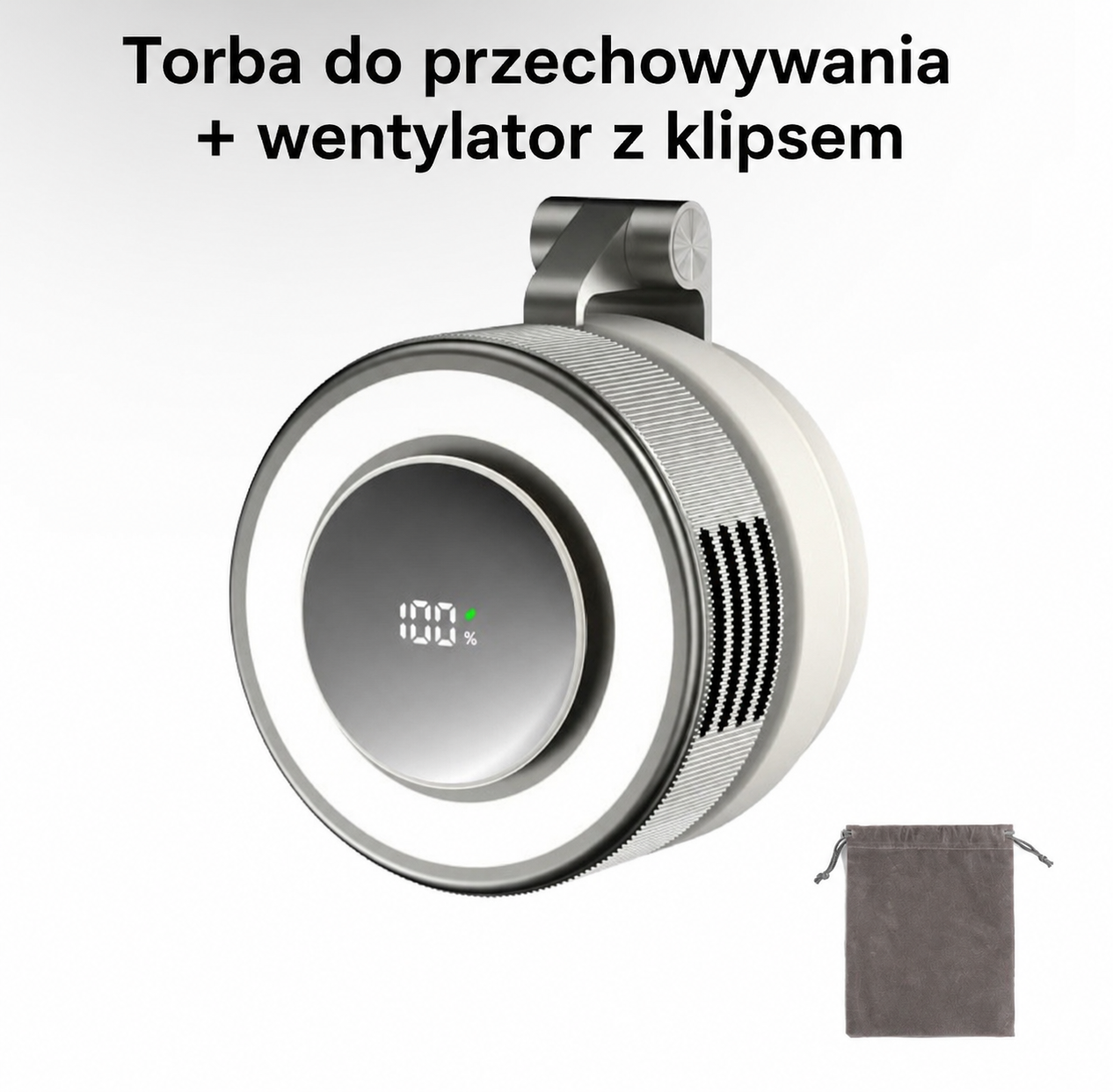 Przenośny wentylator bezłopatkowy USB z lampką LED – obrotowy, akumulatorowy, z uchwytem i mocowaniem magnetycznym