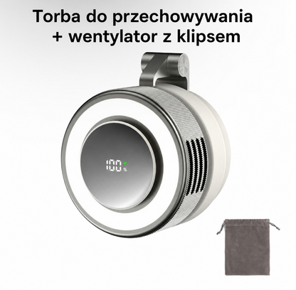 Przenośny wentylator bezłopatkowy USB z lampką LED – obrotowy, akumulatorowy, z uchwytem i mocowaniem magnetycznym