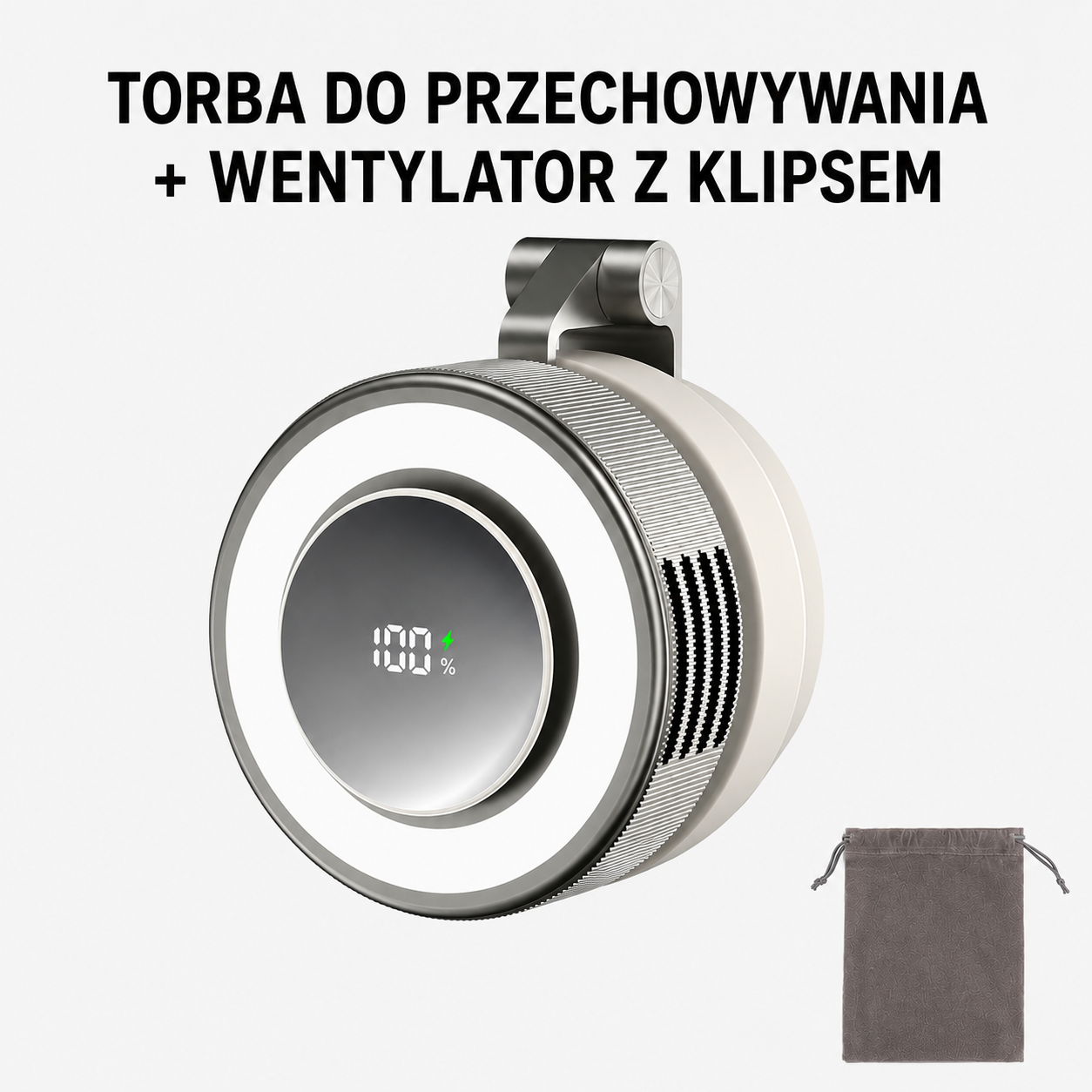 Przenośny wentylator bezłopatkowy USB z lampką LED – obrotowy, akumulatorowy, z uchwytem i mocowaniem magnetycznym
