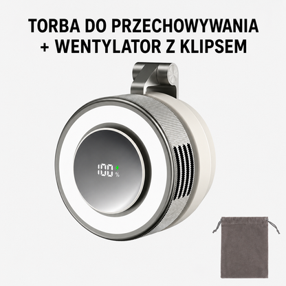 Przenośny wentylator bezłopatkowy USB z lampką LED – obrotowy, akumulatorowy, z uchwytem i mocowaniem magnetycznym