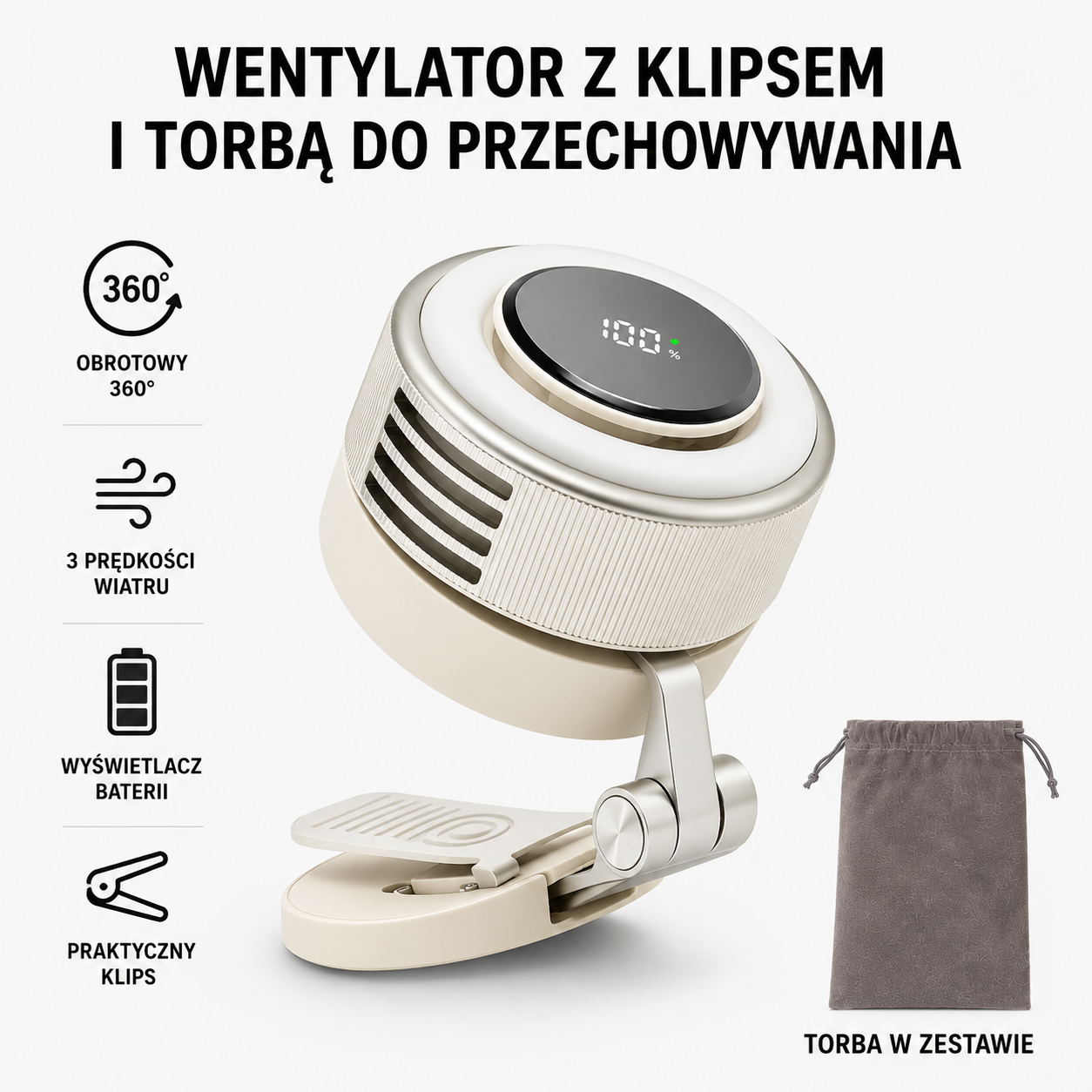 Przenośny wentylator bezłopatkowy USB z lampką LED – obrotowy, akumulatorowy, z uchwytem i mocowaniem magnetycznym