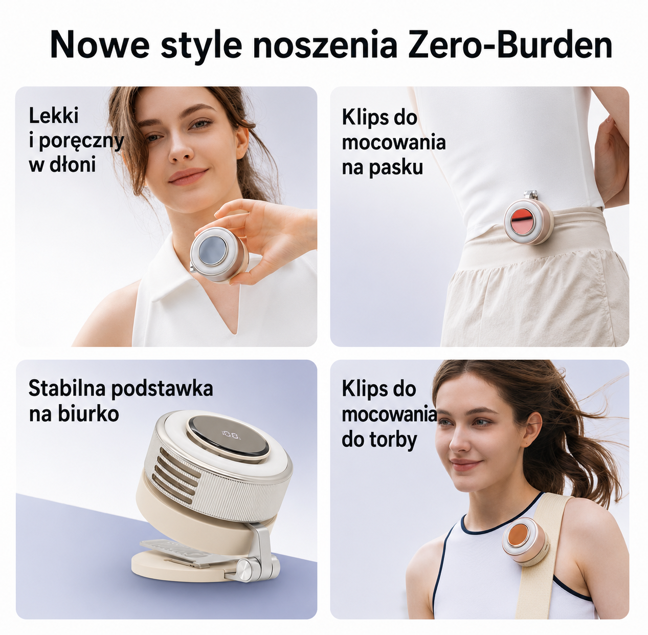 Przenośny wentylator bezłopatkowy USB z lampką LED – obrotowy, akumulatorowy, z uchwytem i mocowaniem magnetycznym