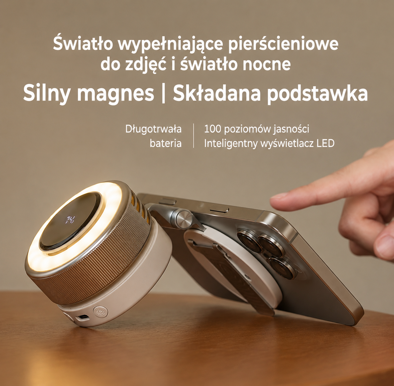 Przenośny wentylator bezłopatkowy USB z lampką LED – obrotowy, akumulatorowy, z uchwytem i mocowaniem magnetycznym